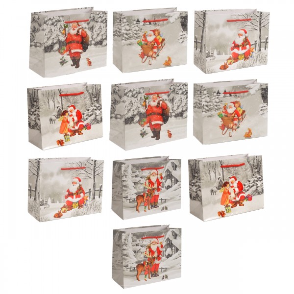 10 Stück Geschenktüten Weihnachten Weihnachtsmann, quer- Medium 18 x 23 x10 cm