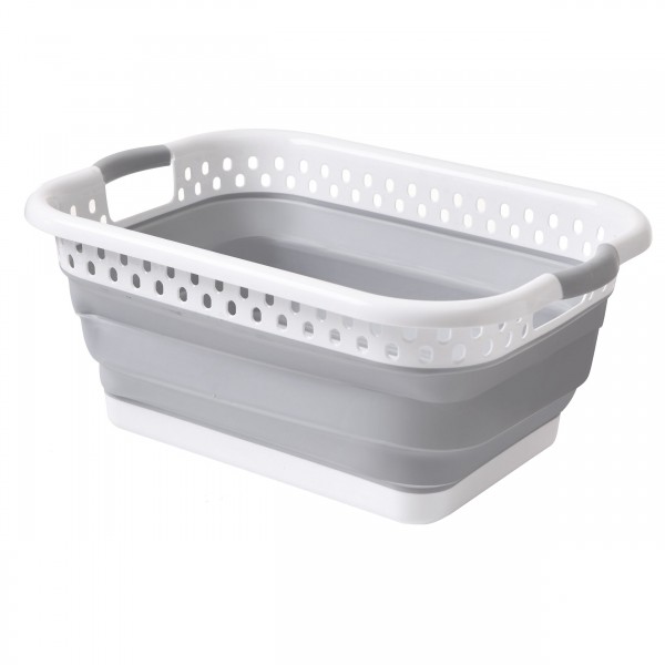 Faltbarer Wäschekorb Plastik weiß/grau eckig, Wäsche Box, Wäschesammler 53x38,5x23 cm