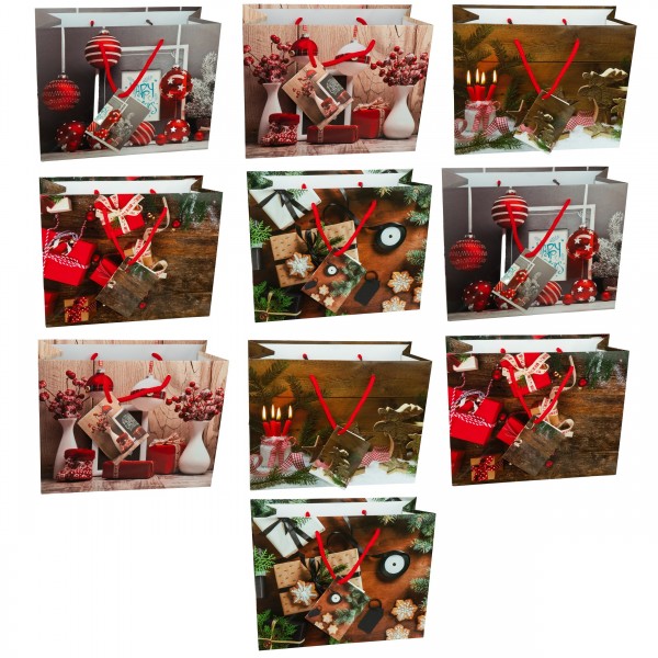 10 Stück Weihnachtstüten Geschenktasche Tüte modern, Quer - Medium 18 x 23 x10 cm