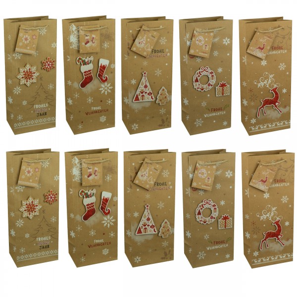 10 Stück Geschenktüte Flaschentüte Weihnachten Handmade - Jumbo 36 x 13 x 9 cm