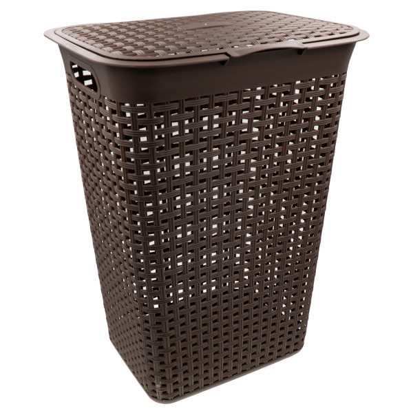 HRB Wäschekorb mit Deckel Rattan in braun, Wäscheaufbewahrung aus Kunststoff, Wäschebox mit 55 L
