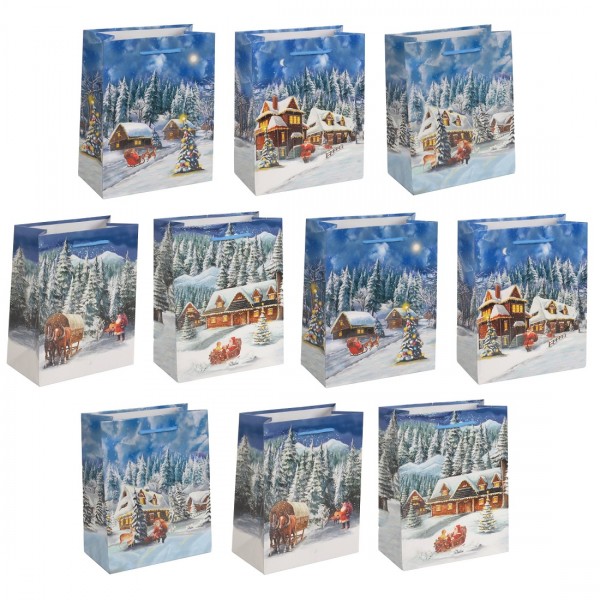 10 Stück Geschenktüten Weihnachten Schneelandschaft Tüte -Medium 23 x 18 x 10 cm