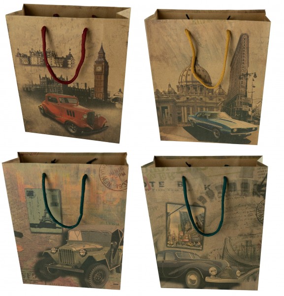 Geschenktüte Vintage mit verschiedenen Automotiven - Jumbo 33,5 x 25 x 9 cm