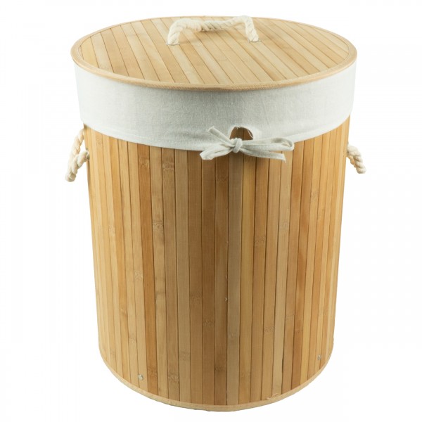 HRB Wäschekorb rund aus Bambus beige, Wäschebox faltbar, mit herausnehmbaren Sack