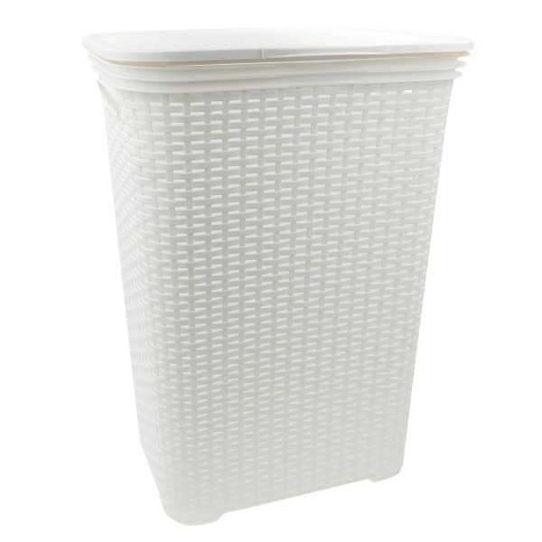 HRB Wäschekorb mit Deckel Rattan in weiß, Wäscheaufbewahrung aus Kunststoff, Wäschebox mit 65 L