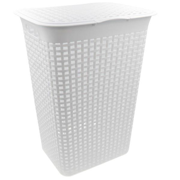 HRB Wäschekorb mit Deckel Rattan in weiß, Wäscheaufbewahrung aus Kunststoff, Wäschebox mit 55 L