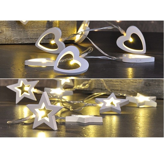 Lichterkette Herz oder Sterne aus Holz für Innen, Beleuchtung mit 10 LED's