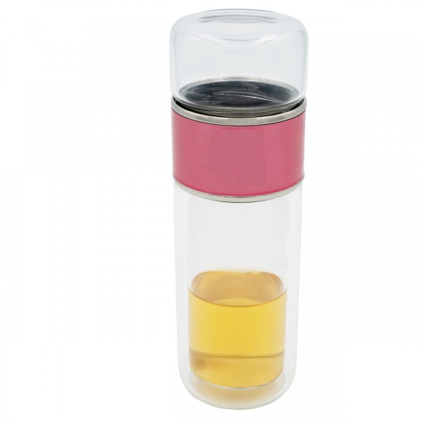 HRB Teekanne mit Siebeinsatz aus doppelwandigen Borosilikatglas rose, Trinkflasche Edelstahl mit ein