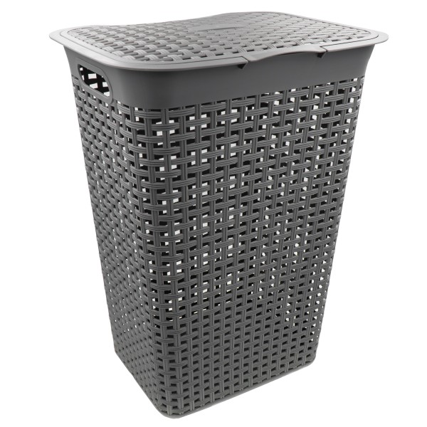 HRB Wäschekorb mit Deckel Rattan in grau, Wäscheaufbewahrung aus Kunststoff, Wäschebox mit 55 L